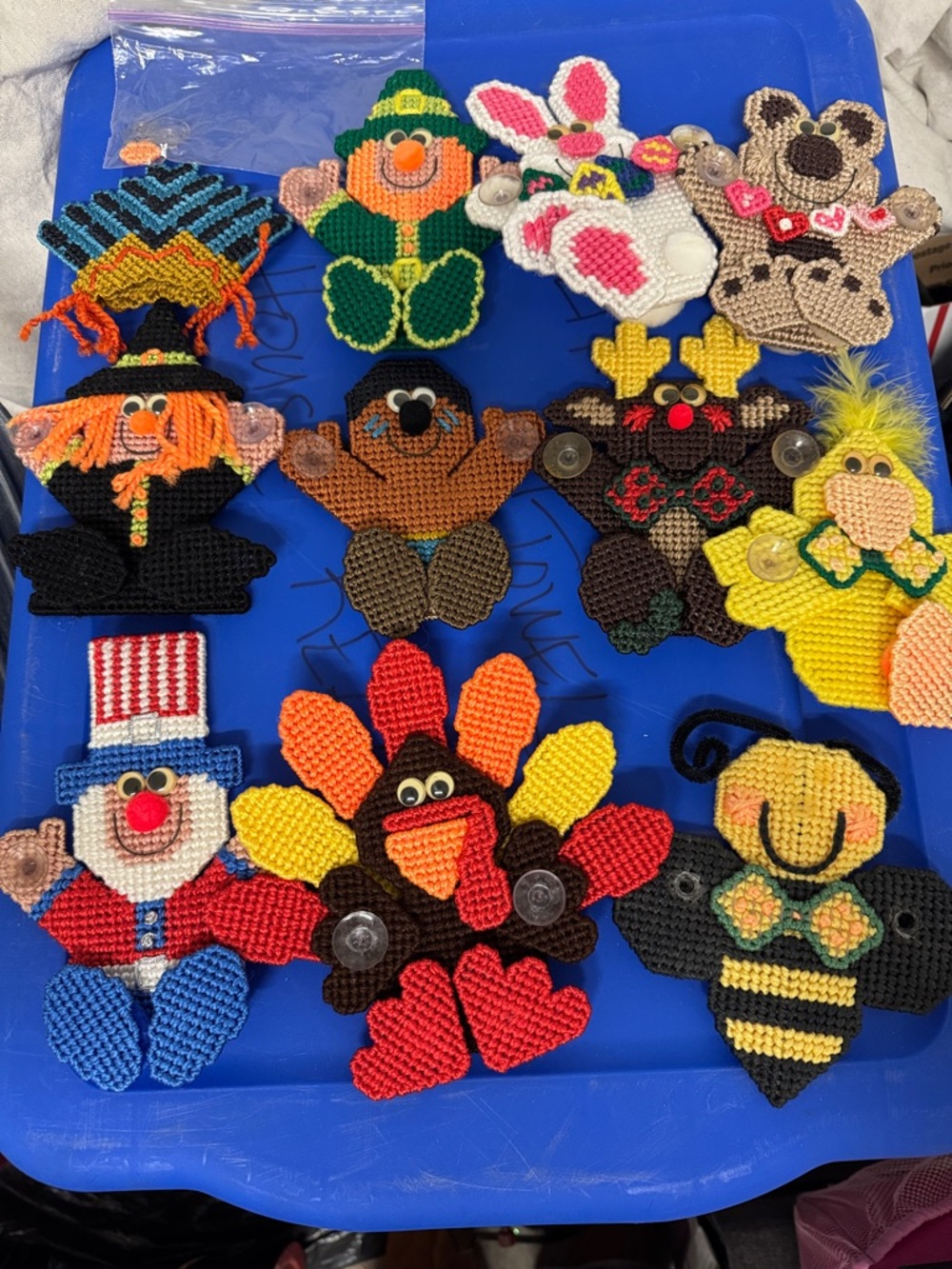 Vintage Plastic Canvas Holiday Magnet Lot - 11 pc Handmade Seasonal Decor